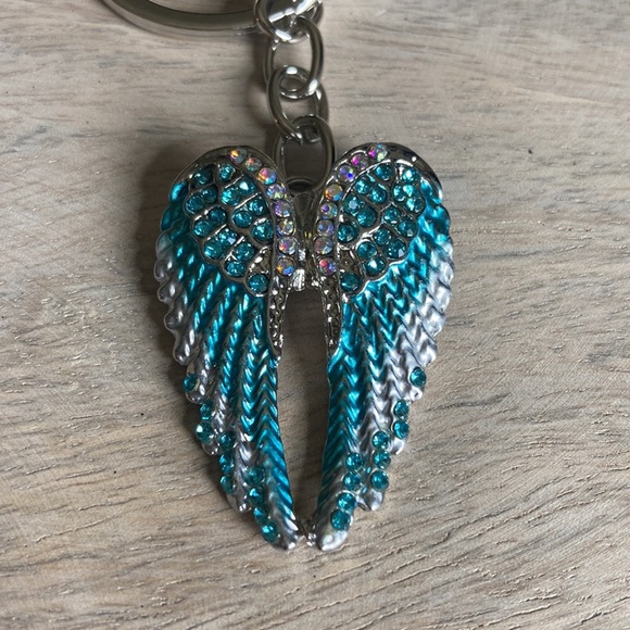 Angel Wings Blue Pendant Keychain Handbag Jewelry Inlaid Rhinestone Enamel New - Picture 5 of 12